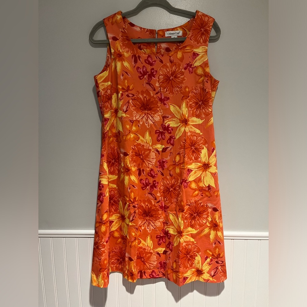 Coldwater Creek Orange & Red Floral Print Sleeveless Shift Dress Women’s 8